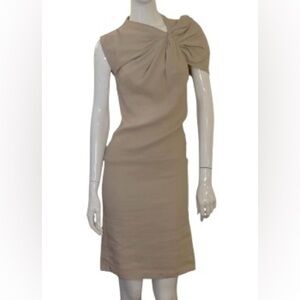 Lanvin Ete 2010 Beige Draped Shoulder Linen Midi Sheath Dress